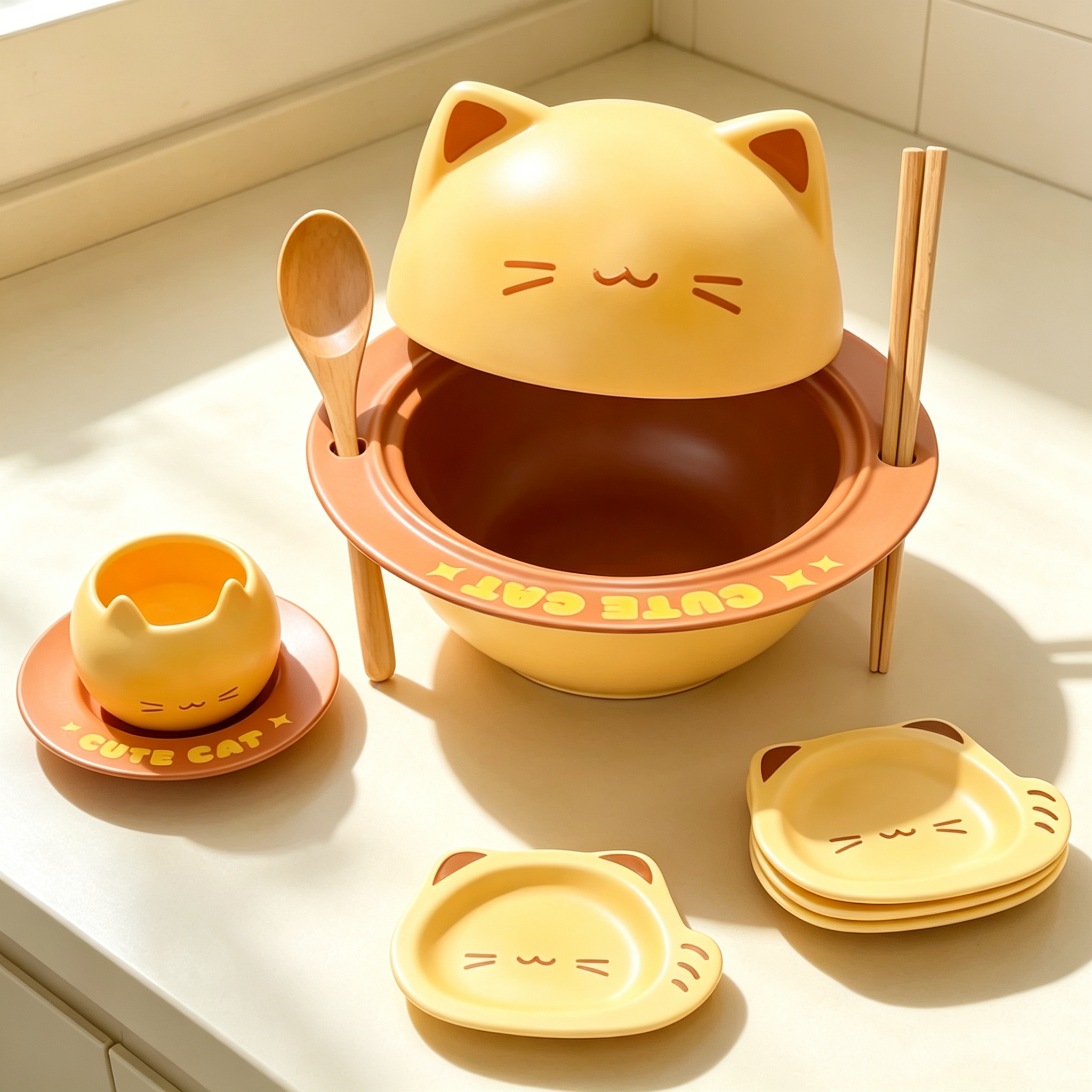 Adorable Cartoon Cat Noodle Bowl Set