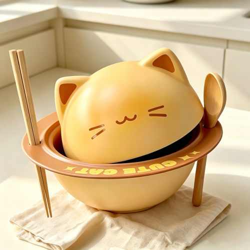 Adorable Cartoon Cat Noodle Bowl Set