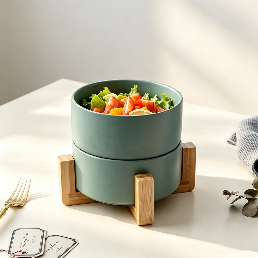 Matte Sage Green Ceramic Bowl with Bamboo Stand