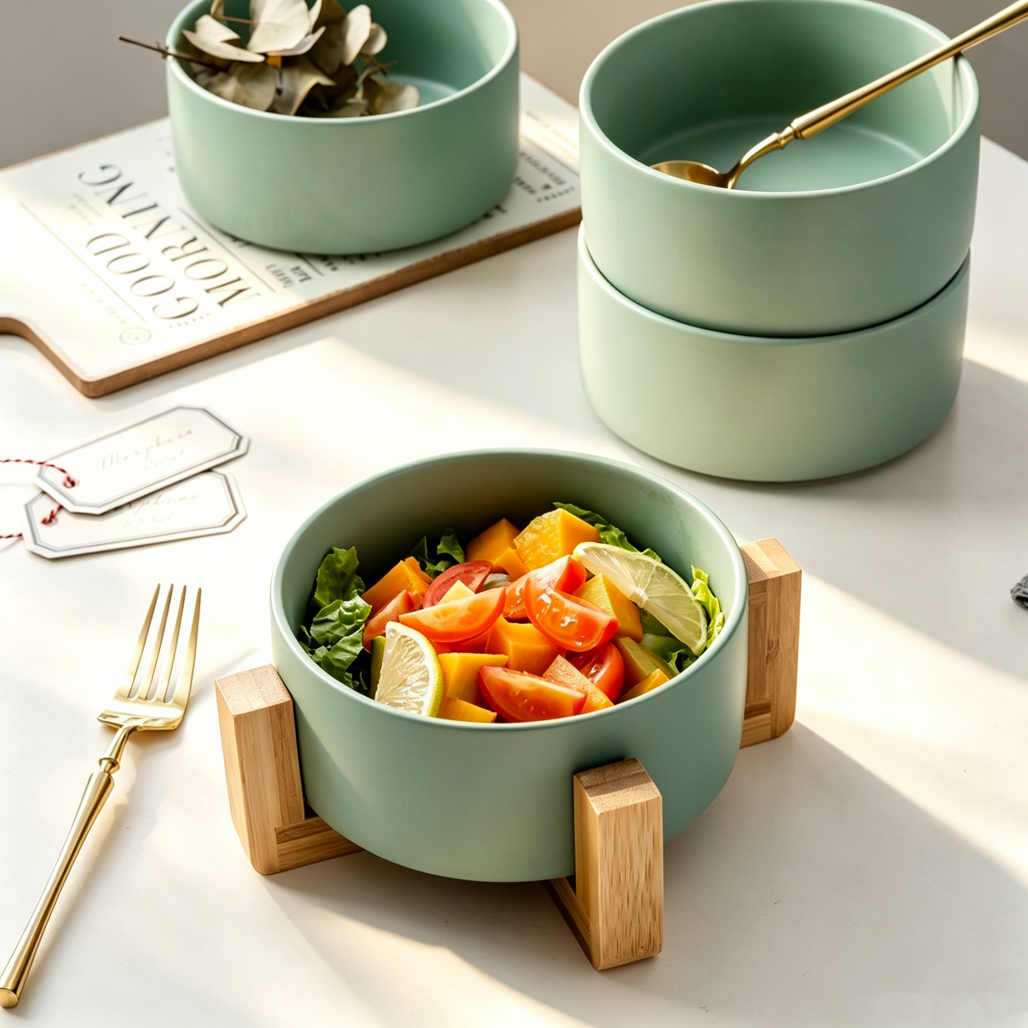 Matte Sage Green Ceramic Bowl with Bamboo Stand