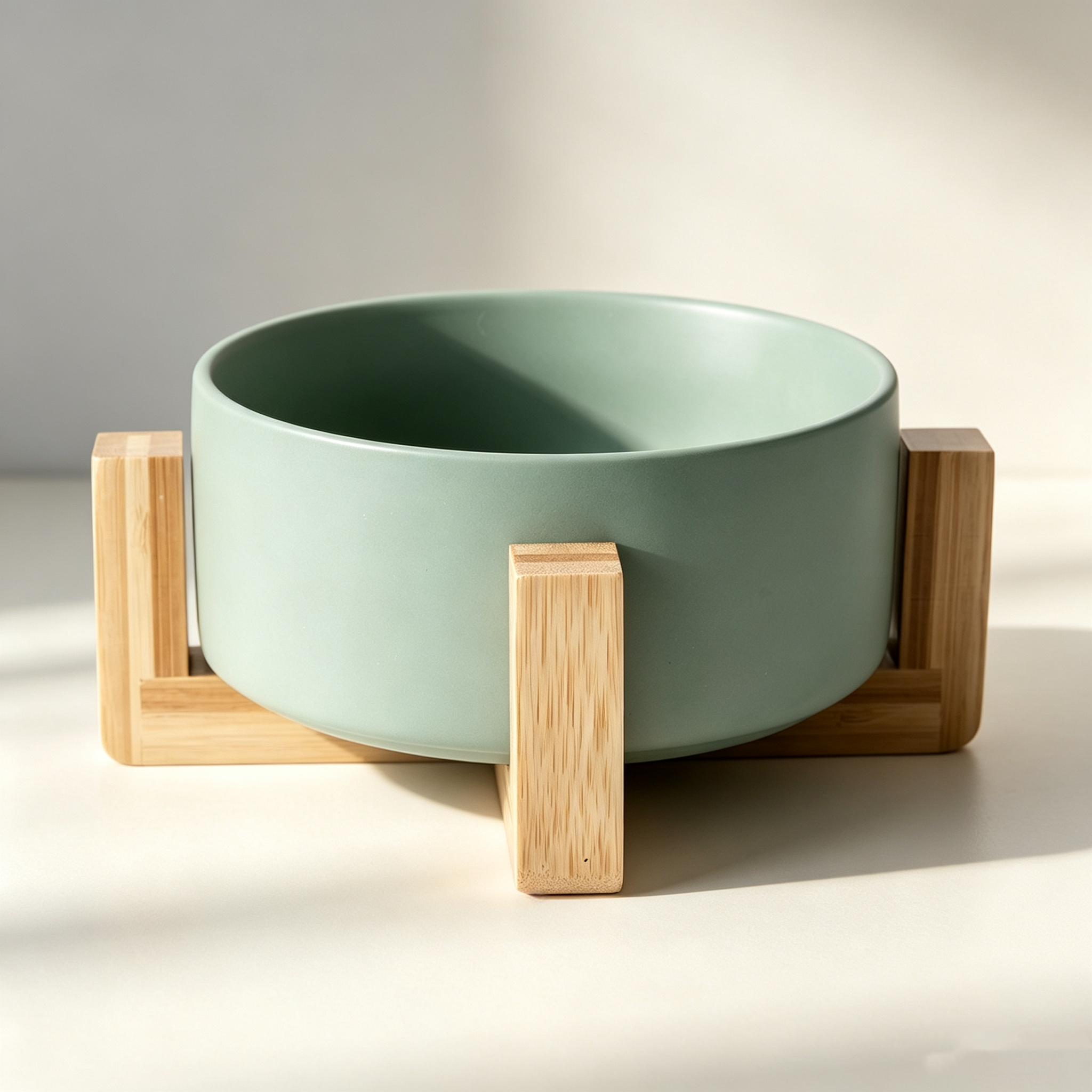 Matte Sage Green Ceramic Bowl with Bamboo Stand