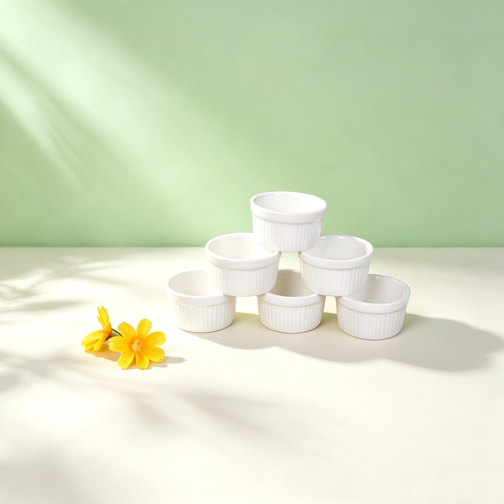 Ribbed Ceramic Ramekin Bowls for Baking & Dipping